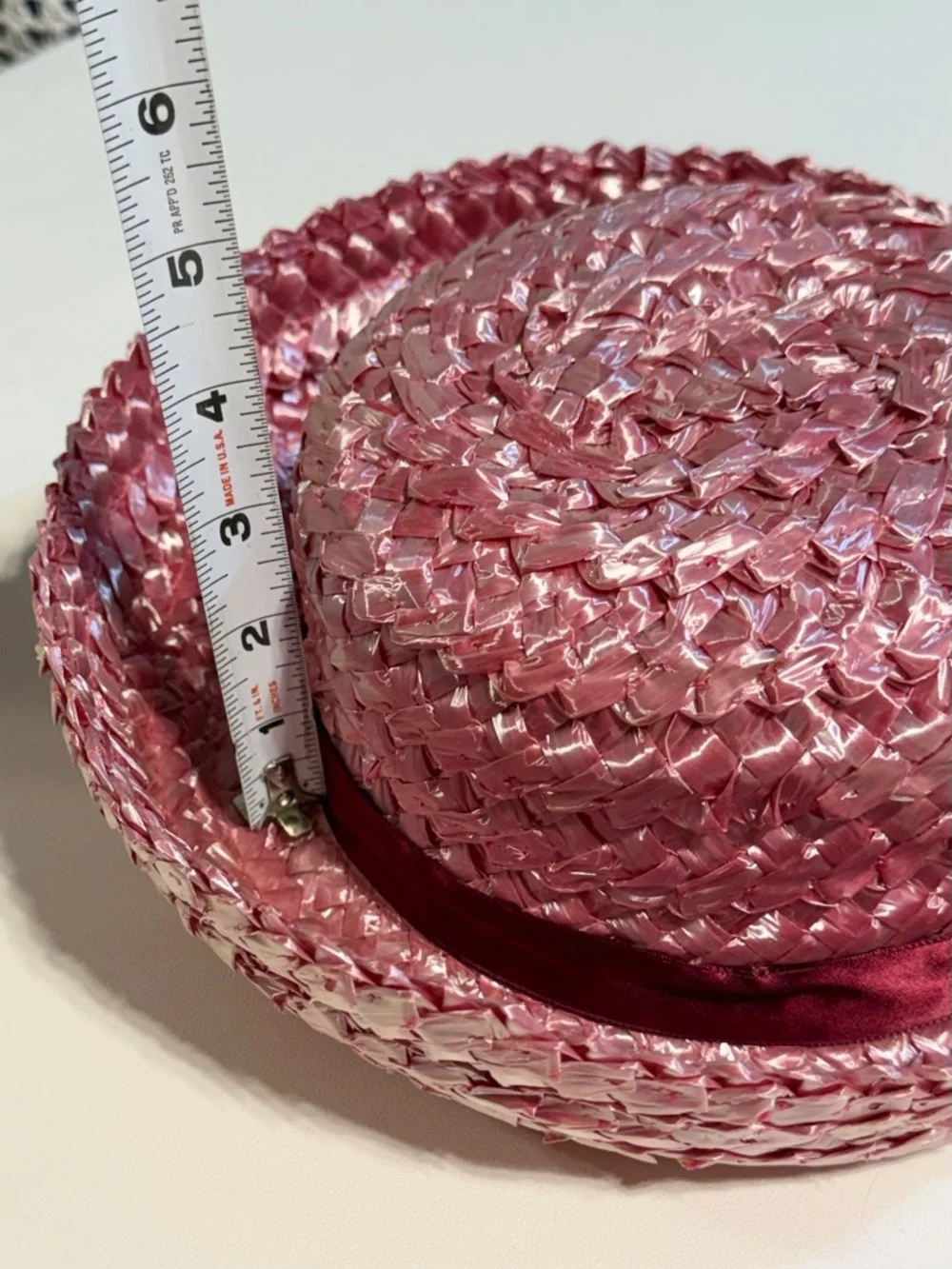 VINTAGE raspberry straw hat‎ 50s 60s bowler church dressy ribbon bow mid century - Picture 11 of 11